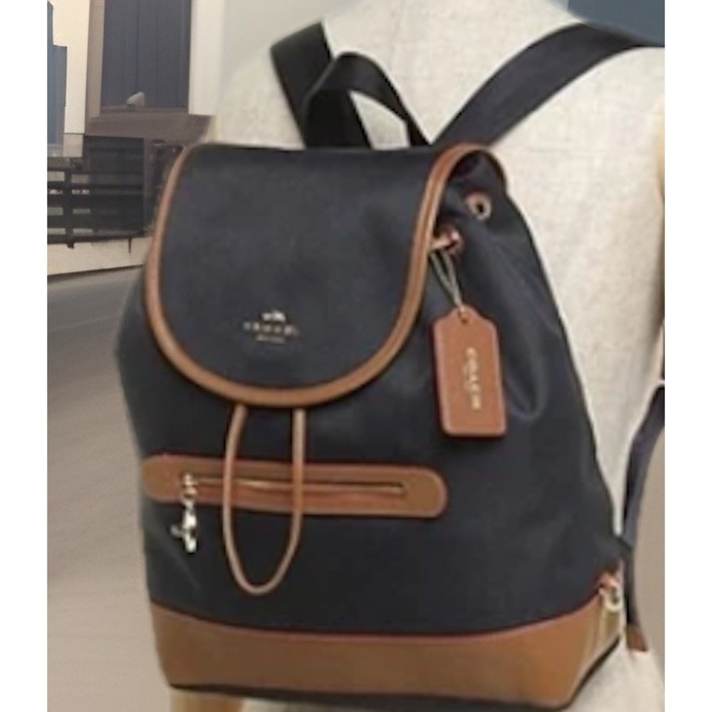 Coach Sawyer Backpack Black Canvas‎ Brown Leather Trim F37240